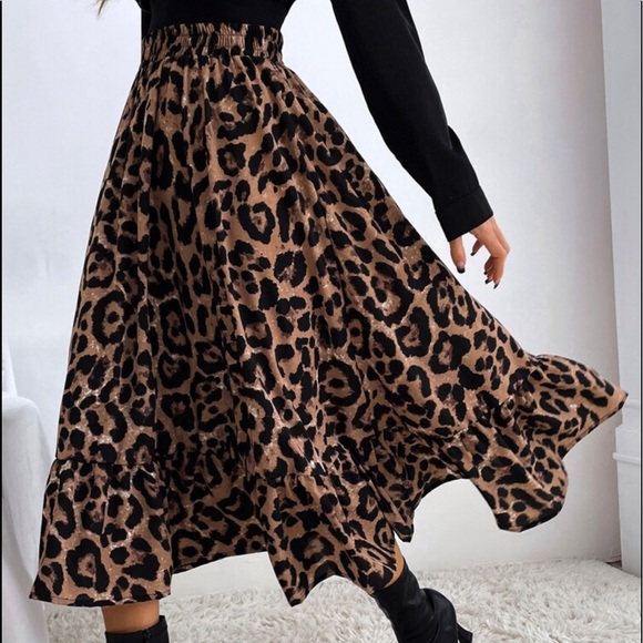 Boho Leopard Animal Print Ruffle Midi Skirt - Picture 6 of 7